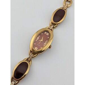 Vintage Women's Watch Gold 20mm Case Brown Enamel Accents 7.25" Band New Battery